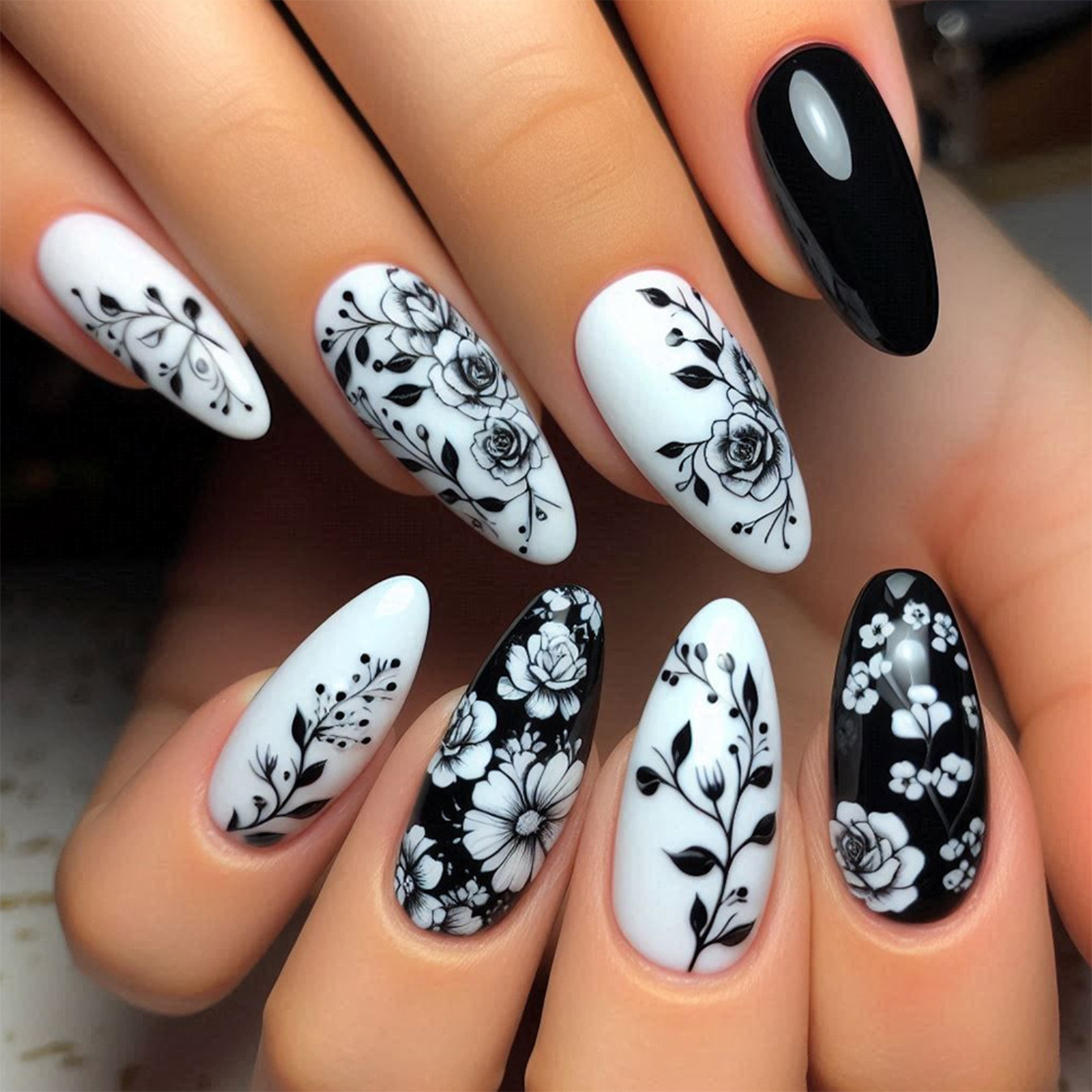 24Pcs Almond Fake Nails Black/ - Pressed Flower Art 评论和价格