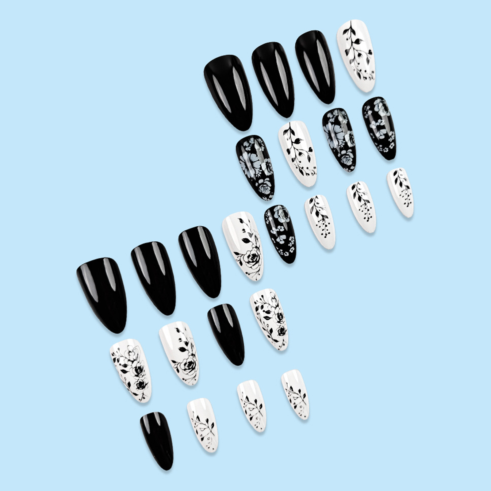 24Pcs Almond Fake Nails Black/ - Pressed Flower Art 评论和价格