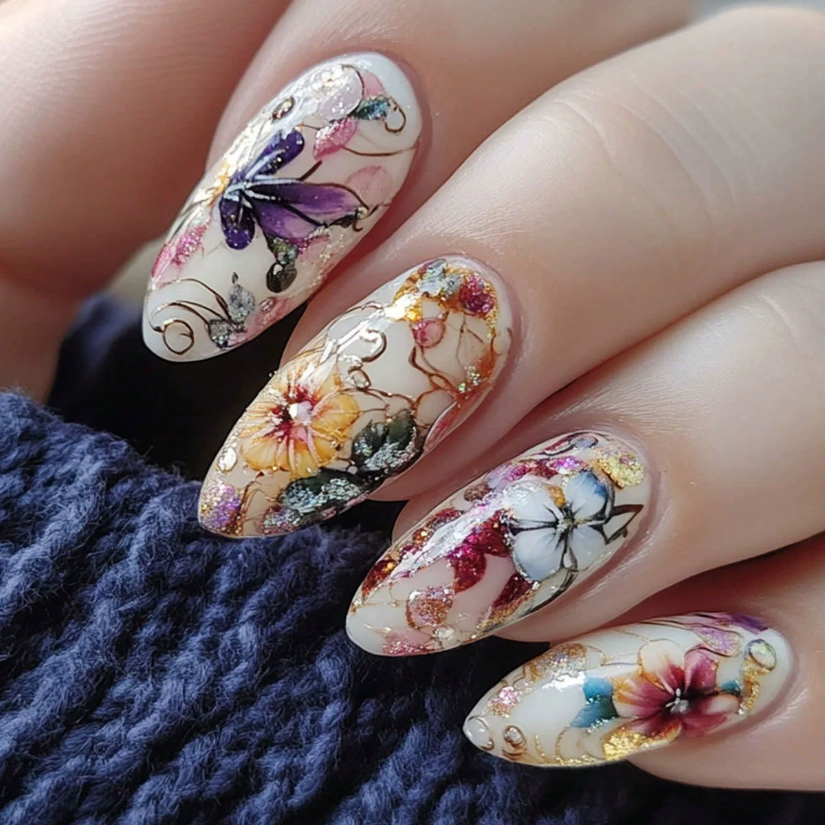 24Pcs Simple Almond Nails Tips - Pressed Flower Art 评论和价格