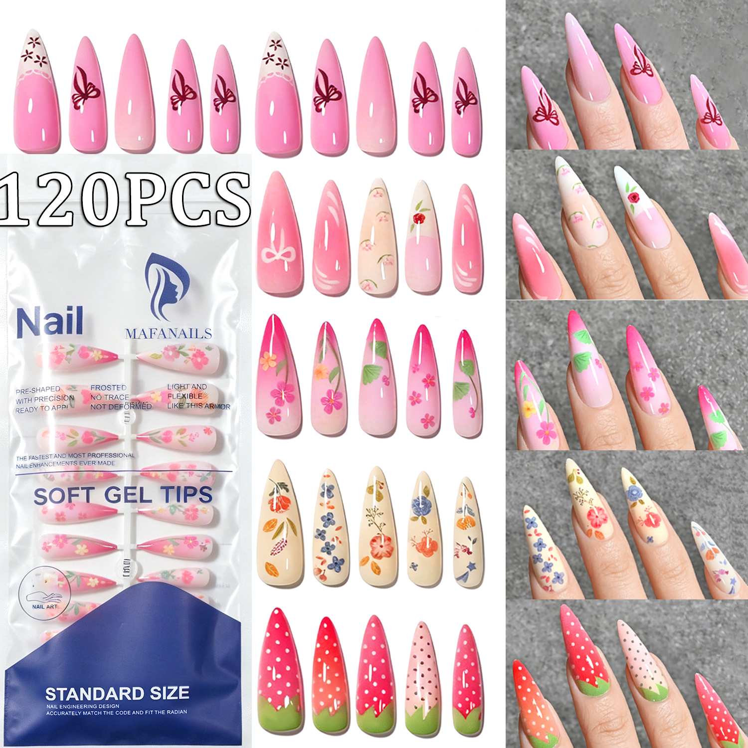 120Pcs Long Almond Press On Na - Pressed Flower Art 评论和价格