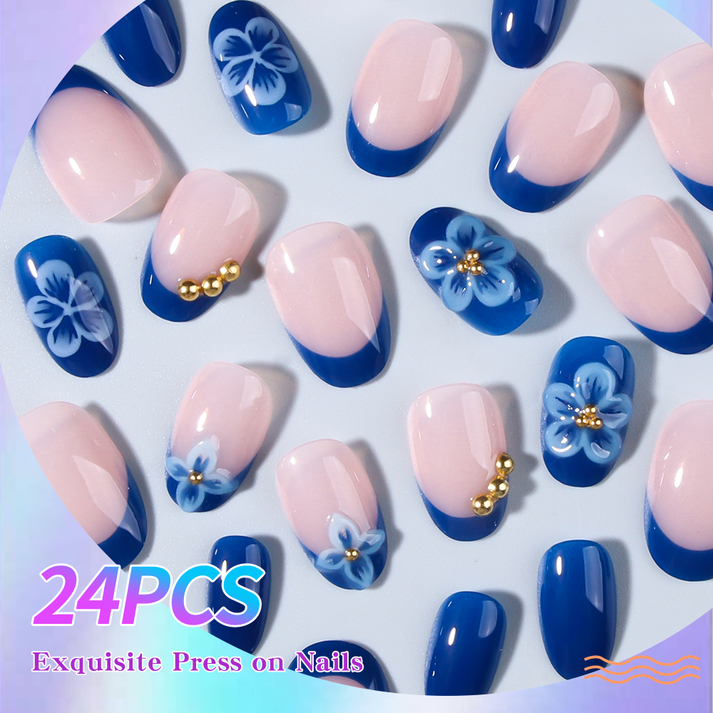 24pcs Short Oval 3D Gel Nail S - Pressed Flower Art 评论和价格